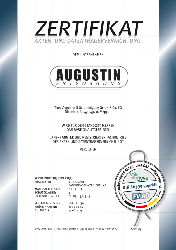 FVAD Zertifikat Akten- Datenträgervernichtung