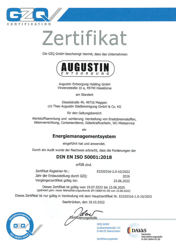 GZQ Zertifikat Energiemanagementsystem nach DIN EN ISO 50001:2018