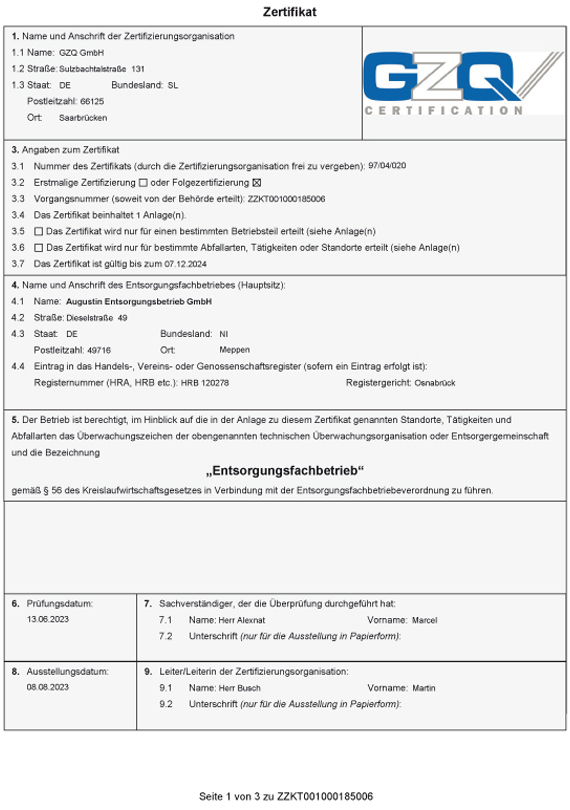 GZQ Zertifikat Entsorgungsfachbetrieb