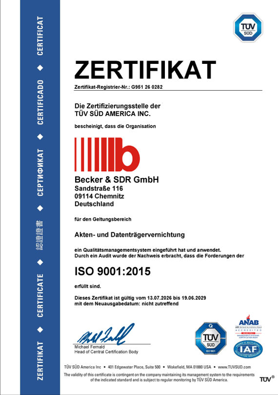 Zertifikat Qualitätsmanagement nach DIN EN ISO 9001 Becker & SDR GmbH