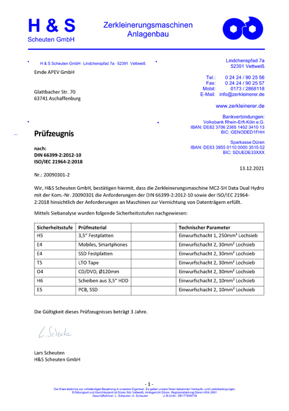 H&S Zertifikat DIN66399 Prüfzeugnis mobil