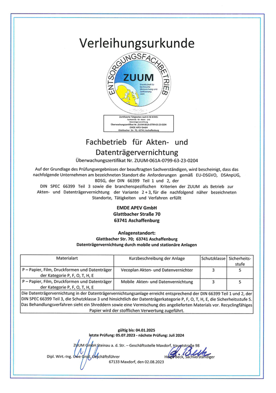 ZUUM Zertifikat Akten- Datenträgervernichtung