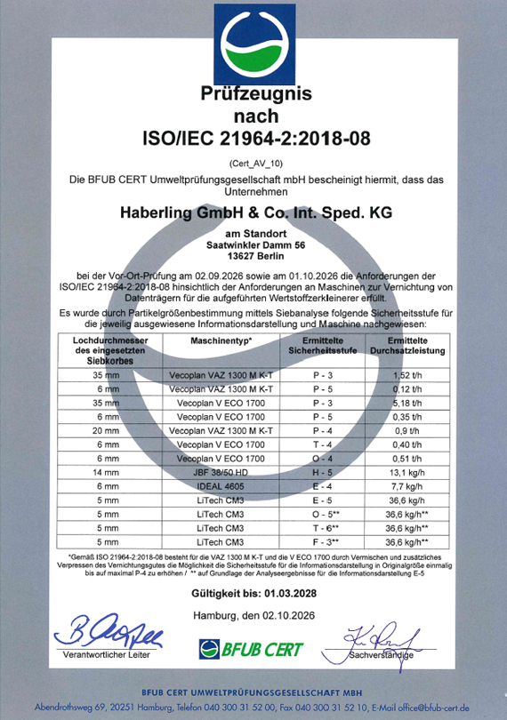 BFUB Prüfzeugnis ISO IEC 21964-2:2018-08 CERT_AV_10