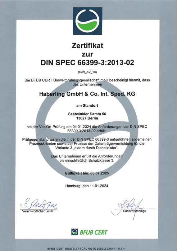 BFUB CERT DIN66399 Datenvernichtung