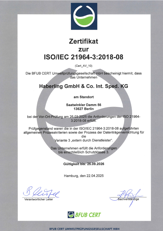 BFUB CERT ISO IEC 21964 Datenvernichtung