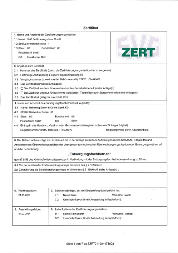 ZERT Zertifikat Entsorgungsfachtrieb
