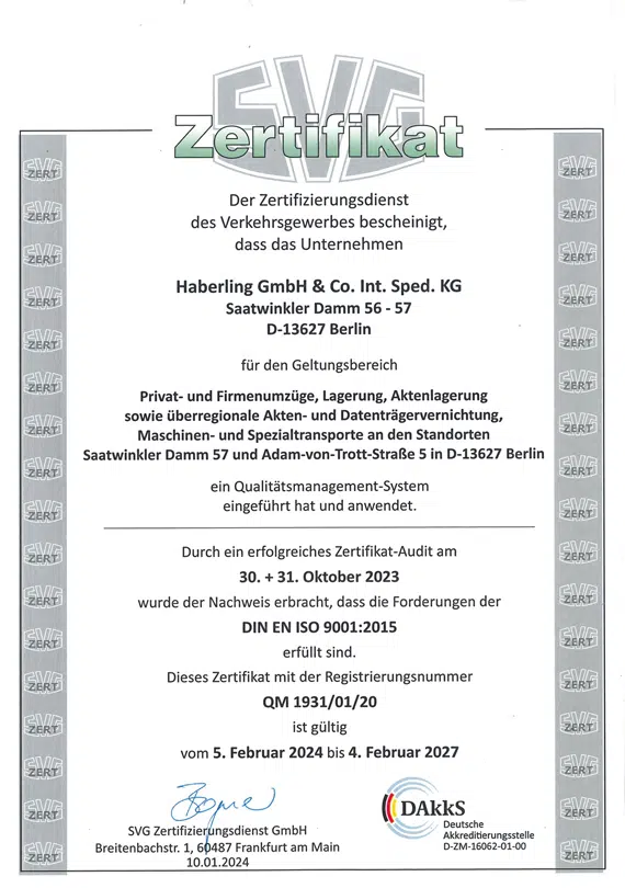 H&S Zertifikat DIN66399 Prüfzeugnis mobil