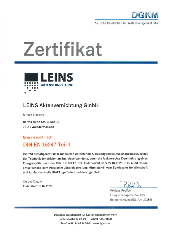 DGKM Zertifikat LEINS Aktenvernichtung Energieaudit DIN16247 Teil 1