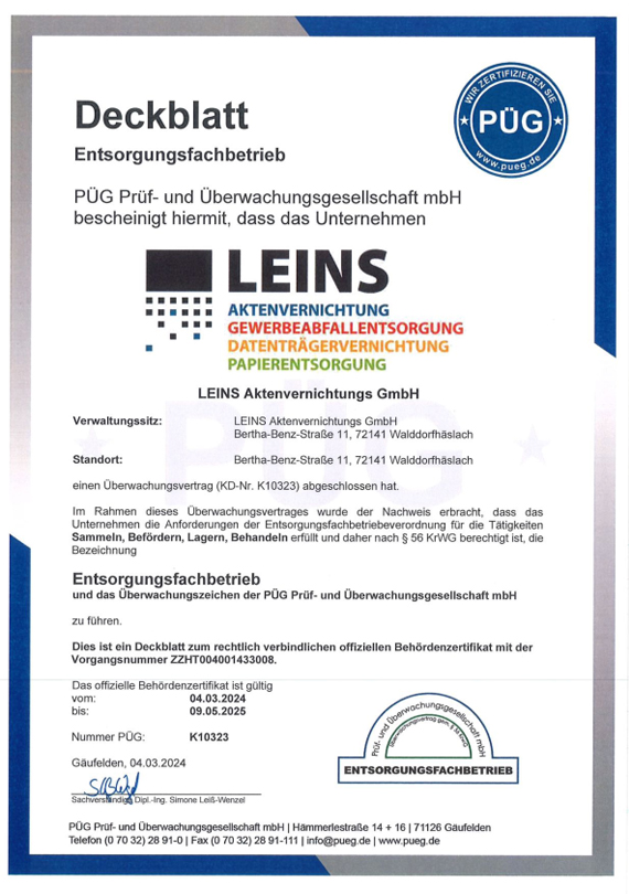 PÜG Zertifikat Leins Aktenvernichtung Entsorgungsfachtrieb