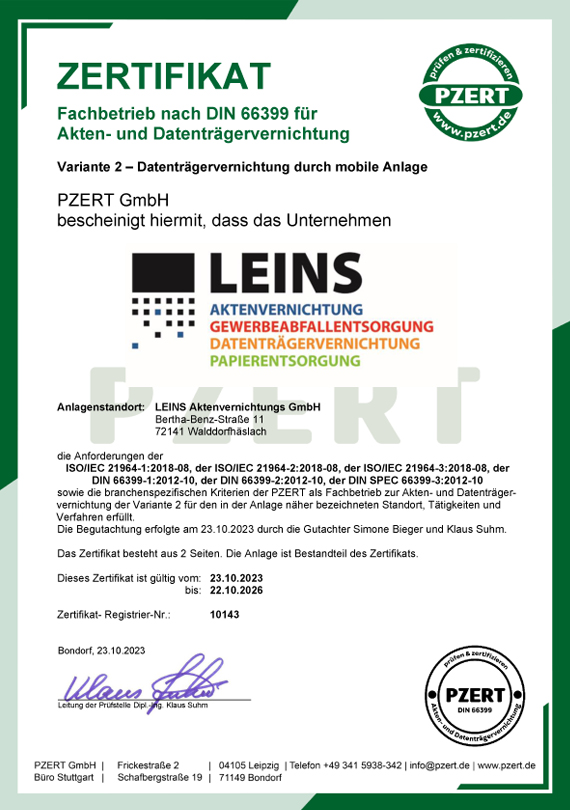 PZERT Zertifikat LEINS Aktenvernichtung DIN66399 Akten- und Datenträgervernichtung V2 mobil