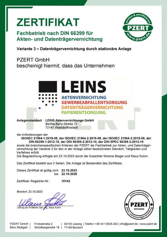 PZERT Zertifikat LEINS Aktenvernichtung DIN66399 Akten- und Datenträgervernichtung V3 stationär