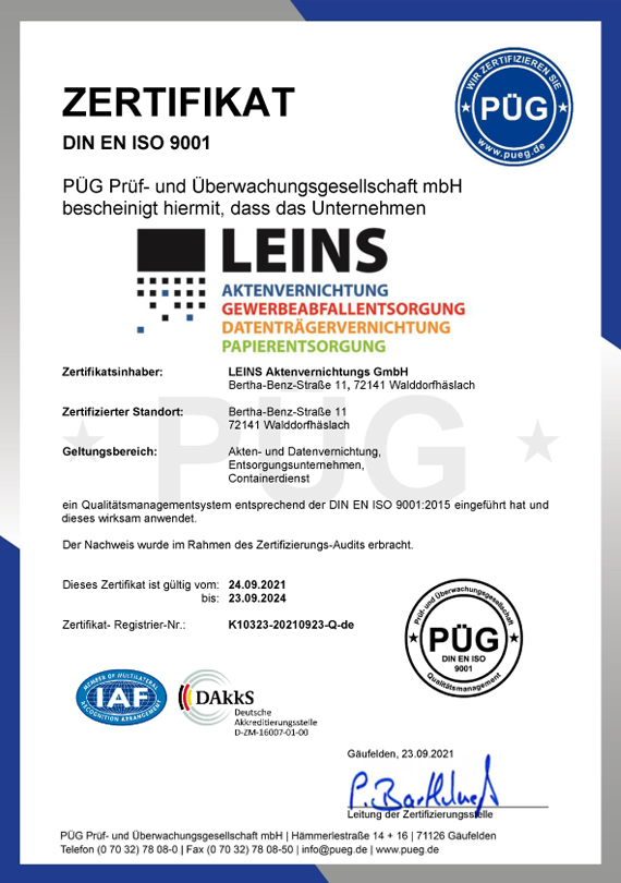 PÜG Zertifikat LEINS Aktenvernichtung DIN EN ISO 9001:2015
