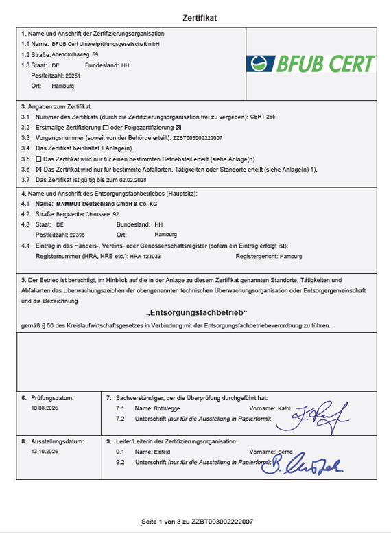 BFUB CERT Mammut Deutschland Entsorgungsfachtrieb
