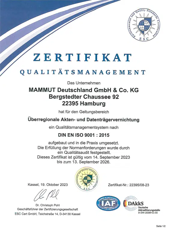ESC Zertifikat Mammut Deutschland Qualitätsmanagement DIN EN ISO 9001:2015