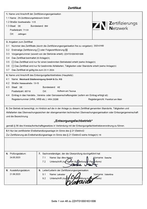ZN Zertifikat Meinhardt Städtereinigung Entsorgungsfachtrieb