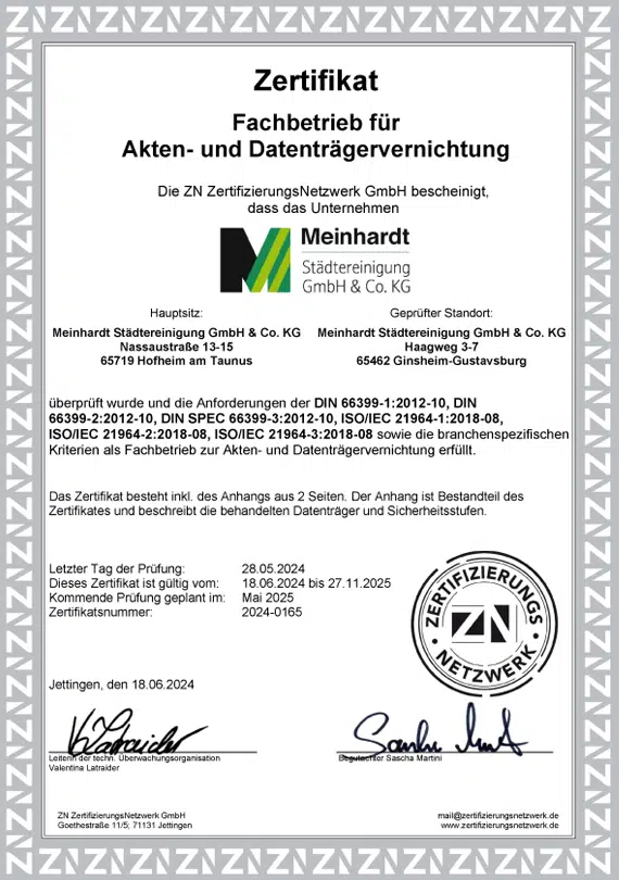 ZN Zertifikat Meinhardt Städtereinigung DIN66399 Aktenvernichtung