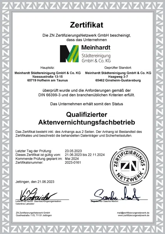 ZN Zertifikat Meinhardt Städtereinigung DIN66399 Aktenvernichtung