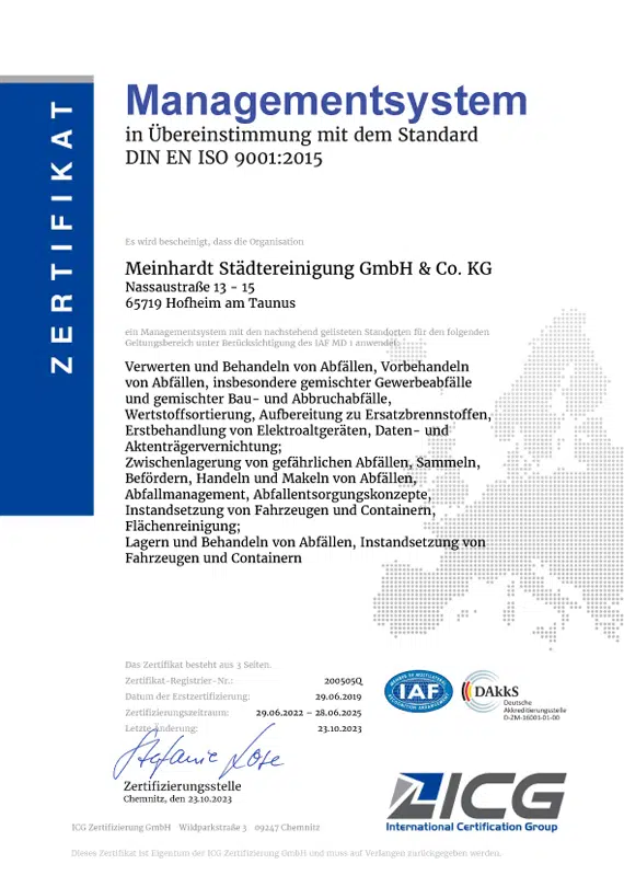 ICG Zertifikat Meinhardt Städtereinigung - Qualitätsmanagement nach DIN EN ISO 9001:2015