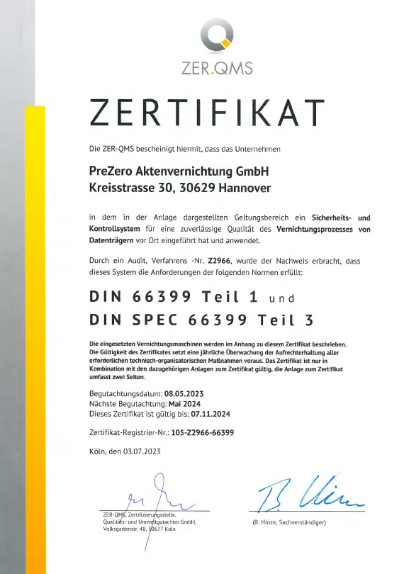 ZER-QMS Zertifikat PreZero DIN66399 Akten- und Datenträgervernichtung - Hannover