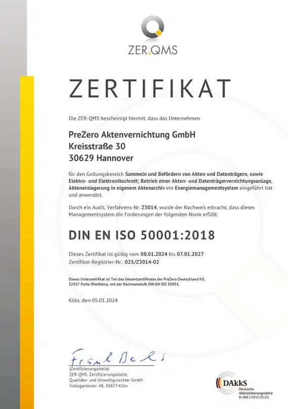 ZER-QMS Zertifikat Prezero Energiemanagementsystem DIN EN ISO 50001:2018 Standort Hannover