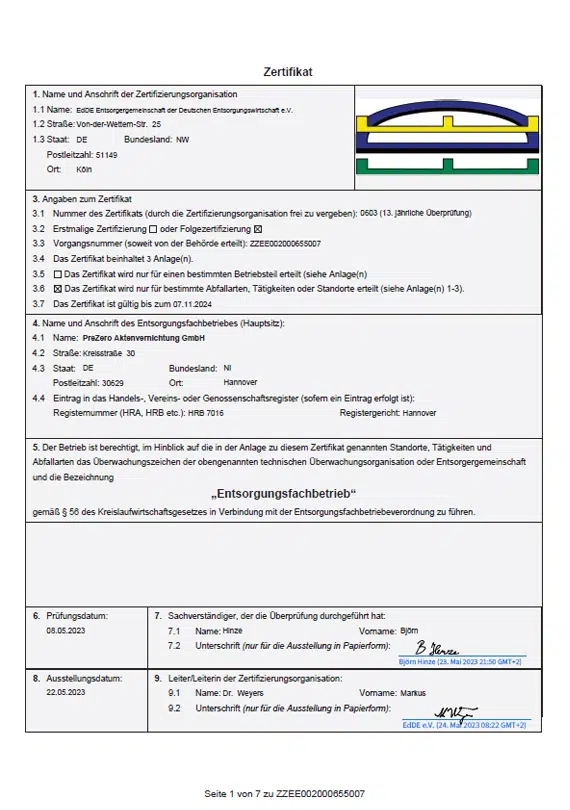 EdDE Zertifikat PreZero Entsorgungsfachtrieb Standort Hannover