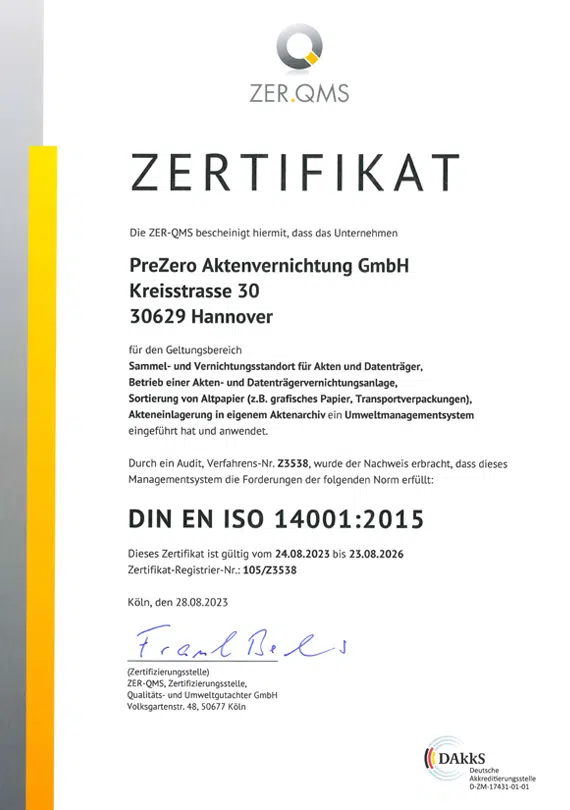 ZER-QMS Zertifikat Prezero Umweltmanagementsystem DIN EN ISO 14001:2015 Standort Hannover