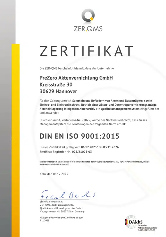 ZER-QMS Zertifikat Prezero Qualitätsmanagementsystem DIN EN ISO 9001:2015 Standort Hannover