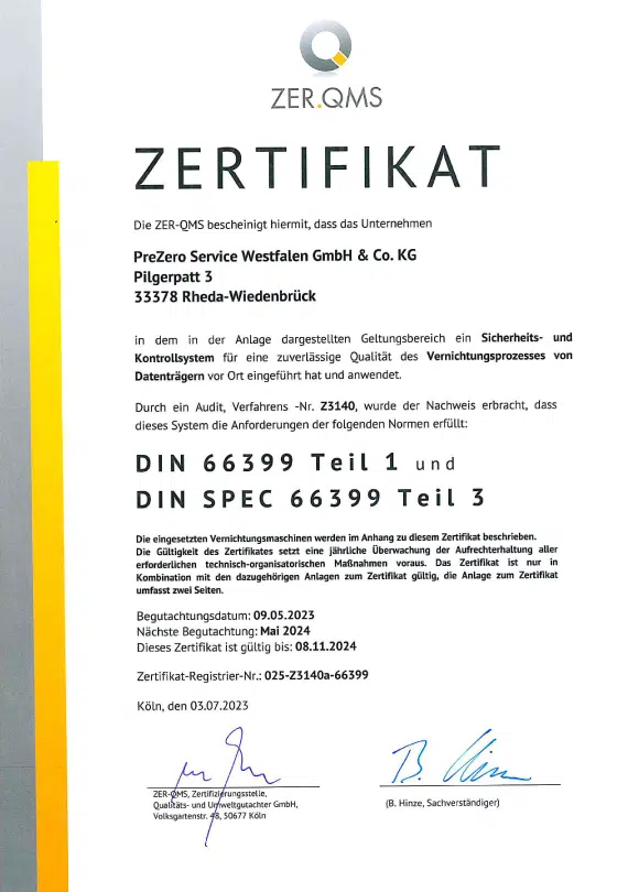ZER-QMS Zertifikat PreZeroDIN66399 Akten- und Datenträgervernichtung Rheda-Wiedenbrück