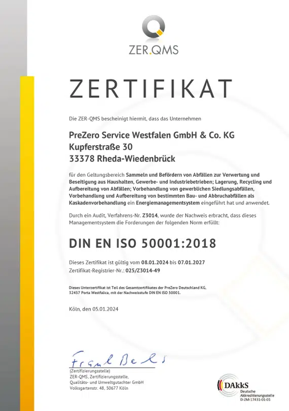 ZER-QMS Zertifikat Prezero Energiemanagementsystem DIN EN ISO 50001:2018 Standort Rheda Wiedenbrück