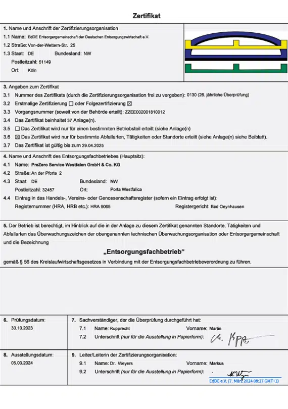 EdDE Zertifikat PreZero Entsorgungsfachtrieb Standort Rheda-Wiedenbrück