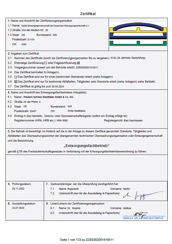 EdDE Zertifikat PreZero Entsorgungsfachtrieb Standort Rheda-Wiedenbrück