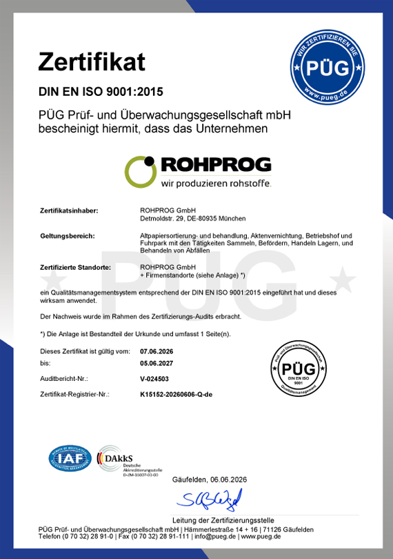 PÜG Zertifikat Qualitätsmanagement nach DIN EN ISO 9001:2015