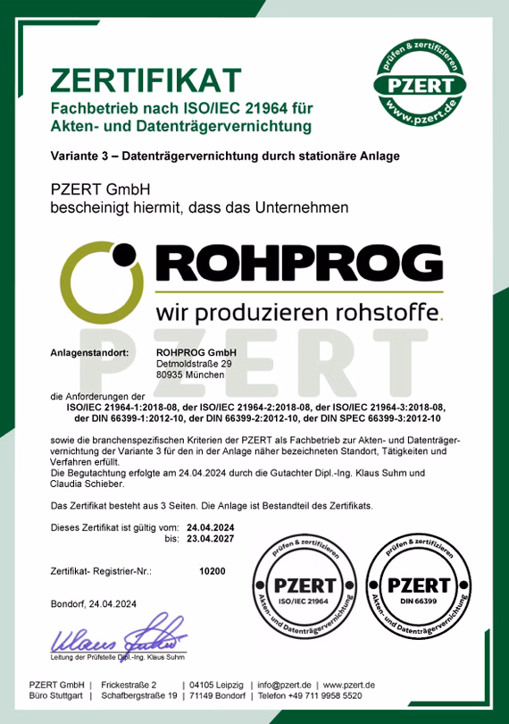 PZERT Zertifikat Fachbetrtieb nach DIN66399 für Akten- und Datenträgervernichtung