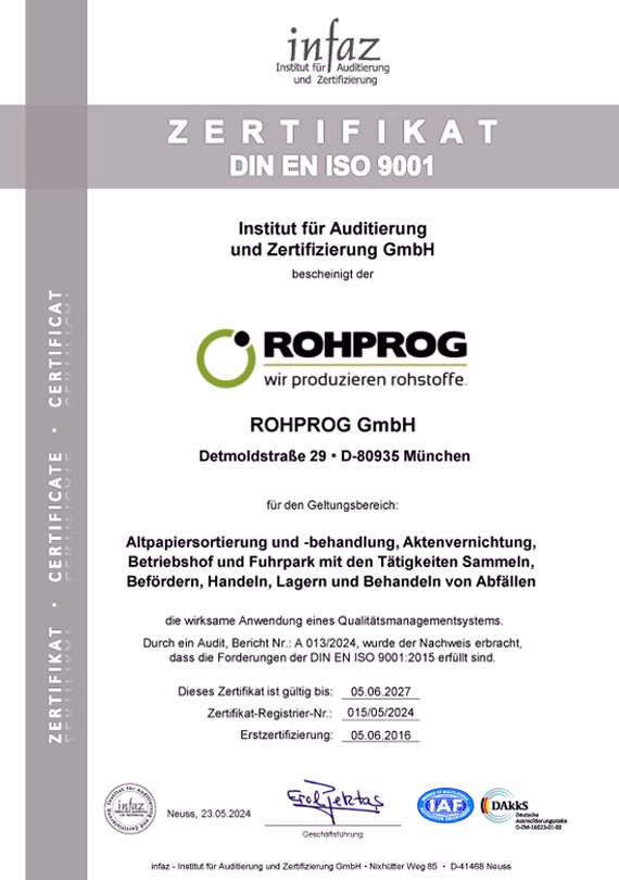 INFAZ Zertifikat Qualitätsmanagement nach DIN EN ISO 9001:2015