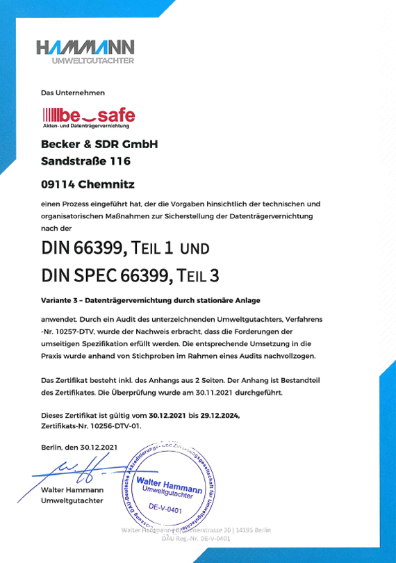 Zertifikat Fachbetrtieb nach DIN66399 für Akten- und Datenträgervernichtung Becker & SDR GmbH