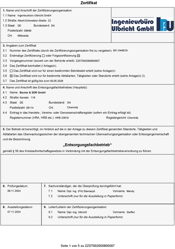 Zertifikat Entsorgungsfachbetrieb Becker & SDR GmbH