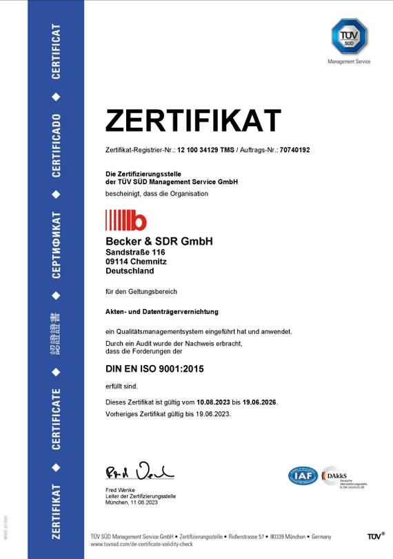 Zertifikat Qualitätsmanagement nach DIN EN ISO 9001 Becker & SDR GmbH