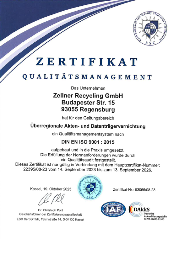 ESC Zertifikat Zellner Recycling - Qualitätsmanagement nach DIN EN ISO 9001:2015
