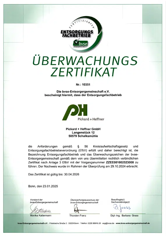 BVSE Zertifikat Pickard+Heffner Entsorgungsfachtrieb