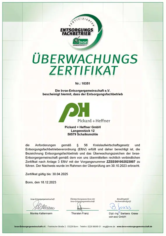 BVSE Zertifikat Pickard+Heffner Entsorgungsfachtrieb