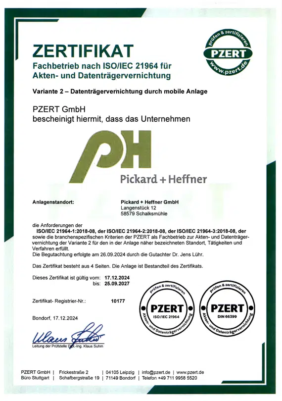 PZERT Zertifikat Pickard+Heffner Aktenvernichtung DIN66399 Akten- und Datenträgervernichtung V2 mobil