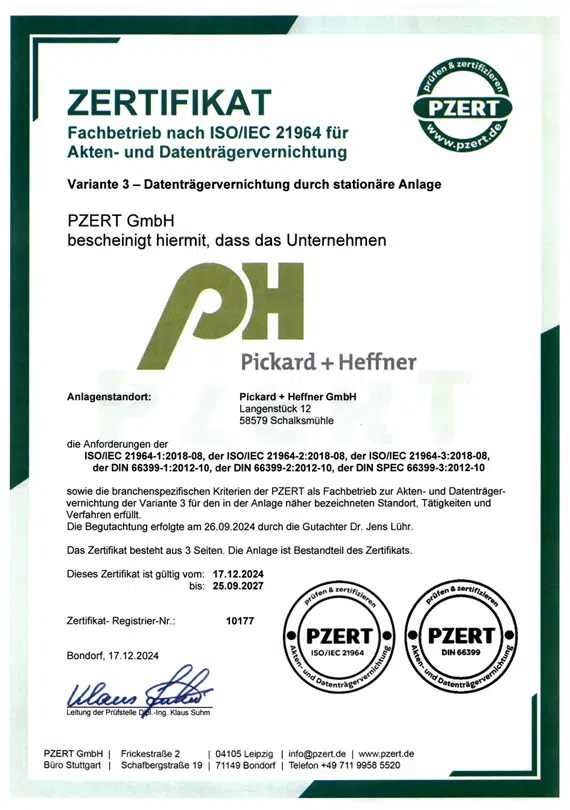 PZERT Zertifikat Pickard+Heffner Aktenvernichtung DIN66399 Akten- und Datenträgervernichtung V3 stationär