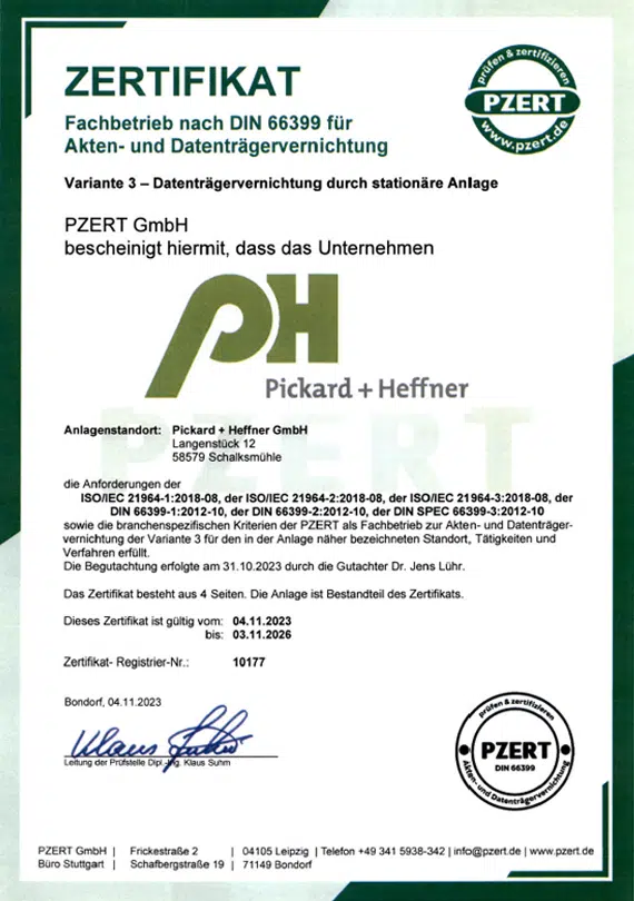 PZERT Zertifikat Pickard+Heffner Aktenvernichtung DIN66399 Akten- und Datenträgervernichtung V3 stationär