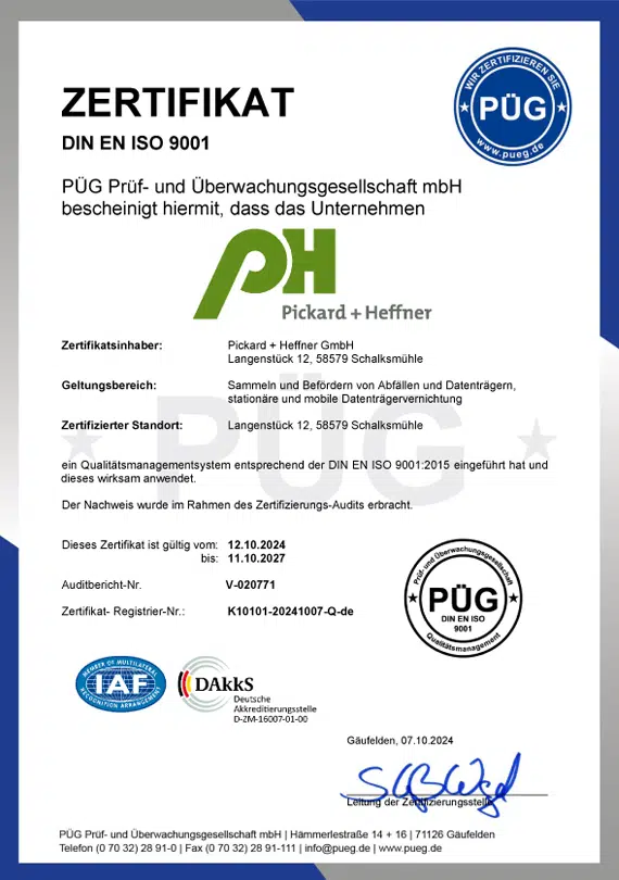 PÜG Zertifikat Pickard+Heffner Qualitätsmangement DIN EN ISO 9001:2015
