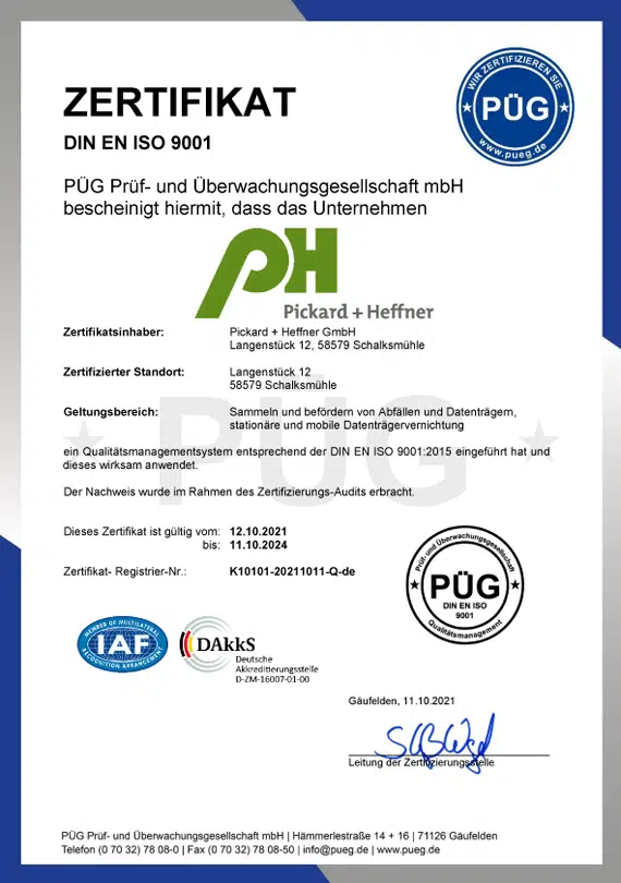 PÜG Zertifikat Pickard+Heffner Qualitätsmangement DIN EN ISO 9001:2015